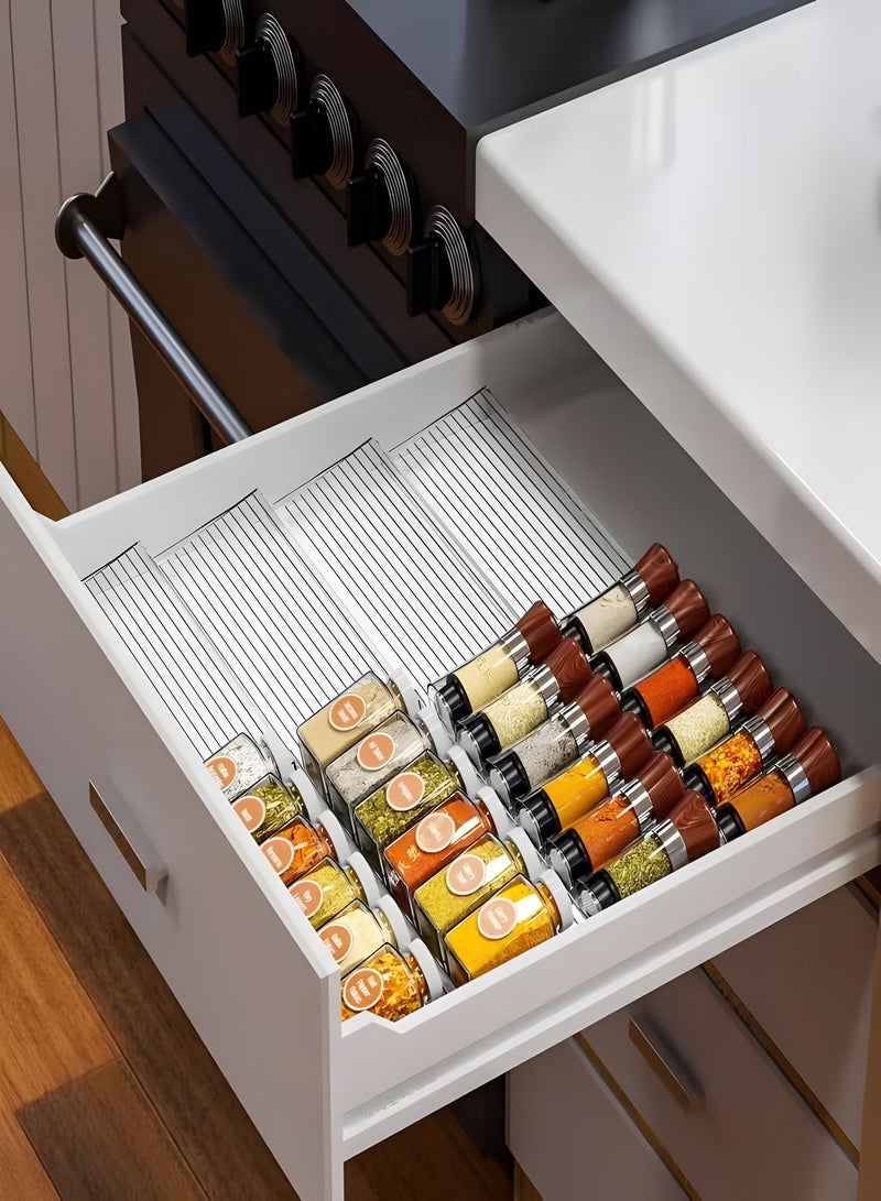 رف بهارات لدرج | منظم أكريليك درجي 8 قطع 4 طبقات قابل للتوسيع غير المنزلق، يلائم أدراج مطبخ 11'' إلى 22''، يحتوي على 24 جرة توابل أو أكثر، صينية شفافة آمنة للغذاء خالية من البيفنول أ، ضرورة لرمضان في مطابخ السعودية - Image 1